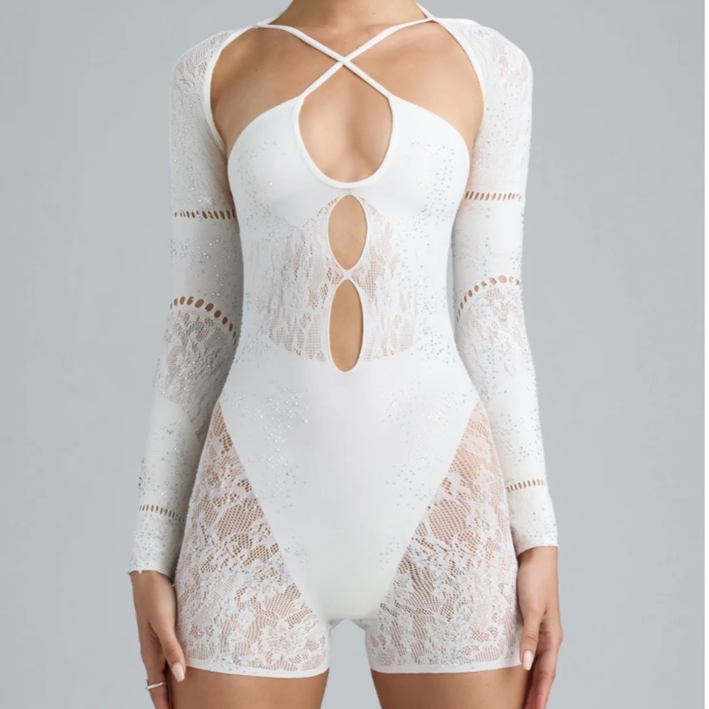 OH POLLY Melody Embellished Cut-Out Unitard in Ivory